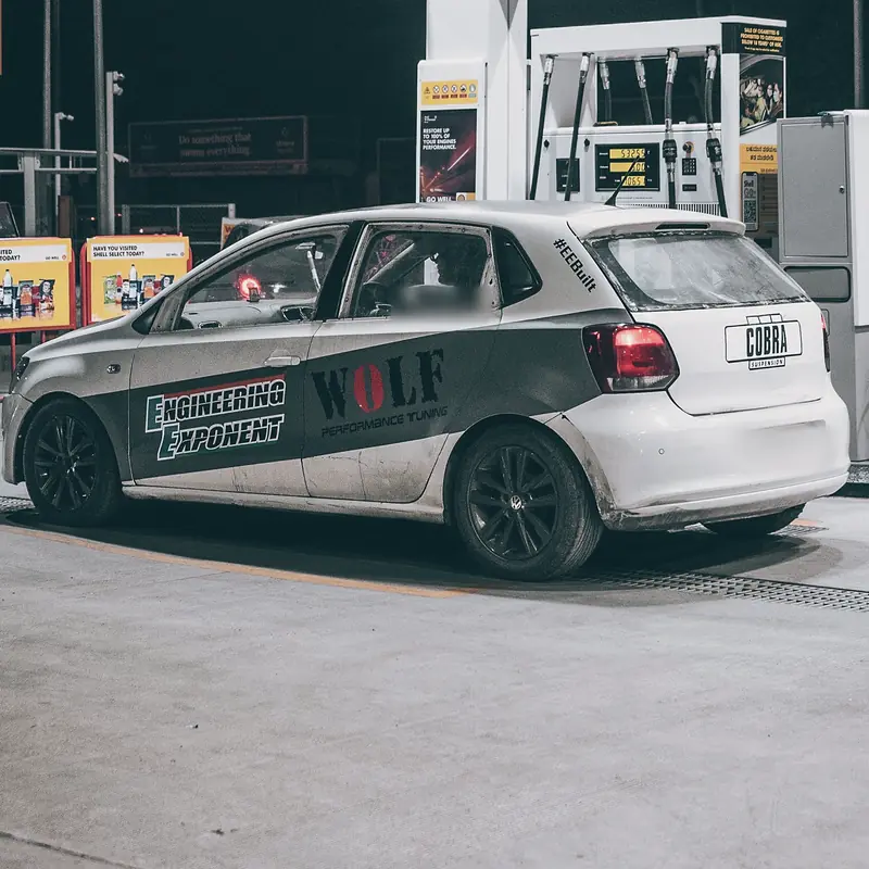 Liveried Polo GT race car with #EEBuilt on the rear window